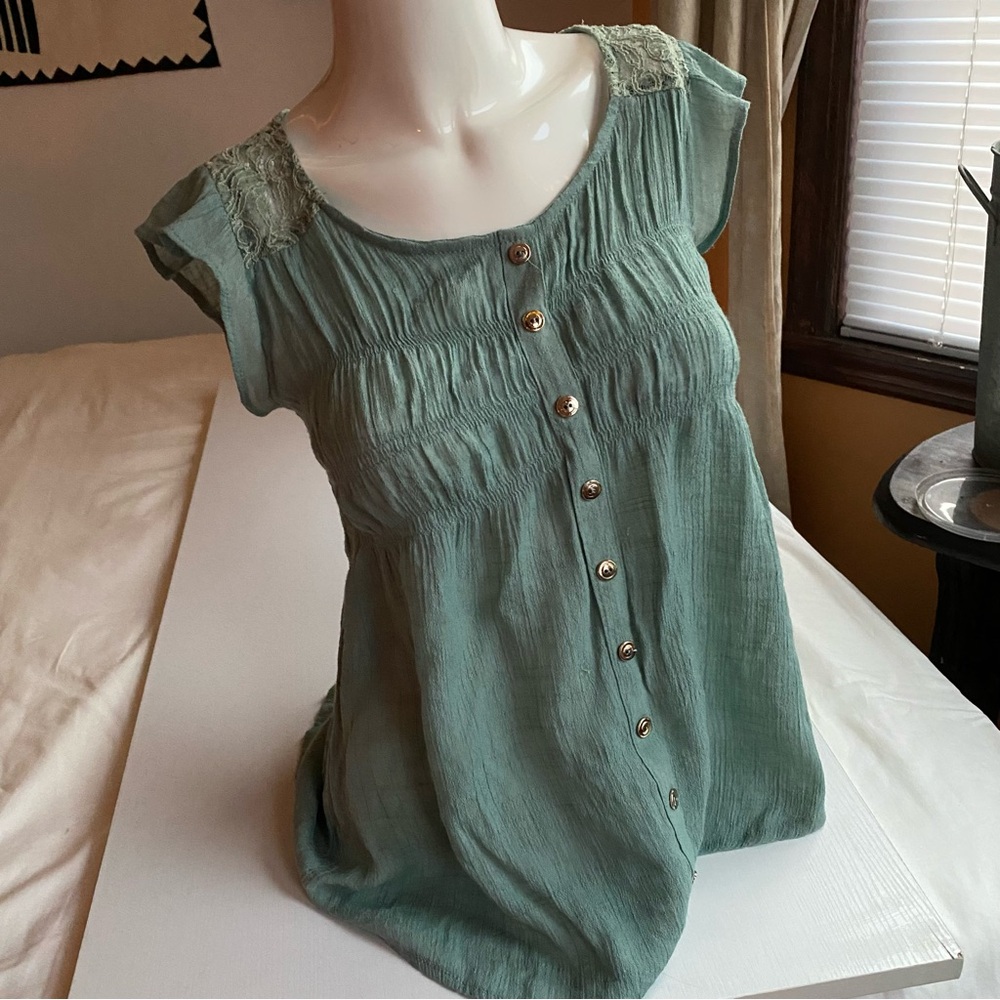 Edge Green Smocked Button-Down Women's Top Rayon Blouse with Lace Seafoam Small